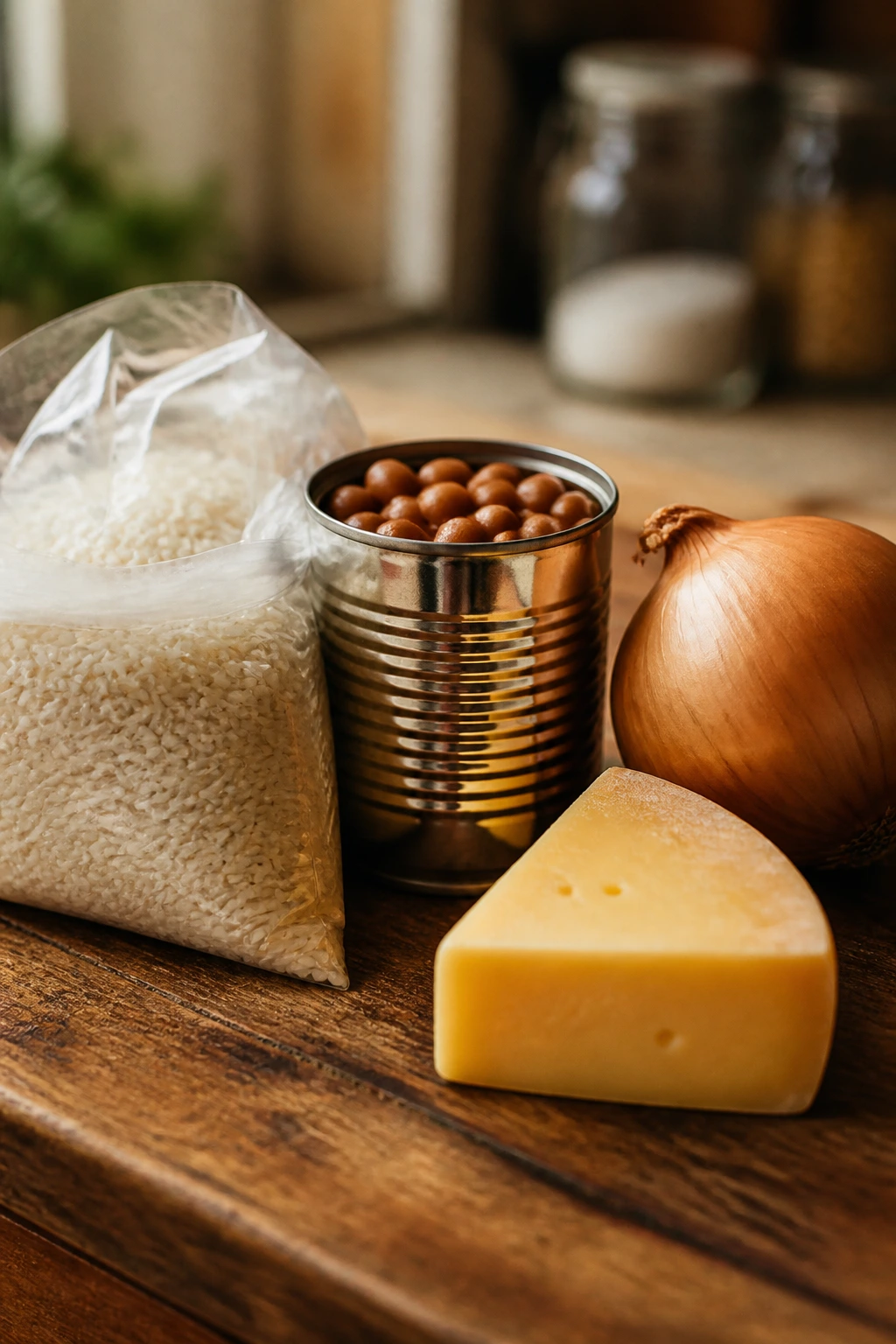 Close-up of pantry staples on a rustic wooden surface showing rice, beans, onion, and cheese