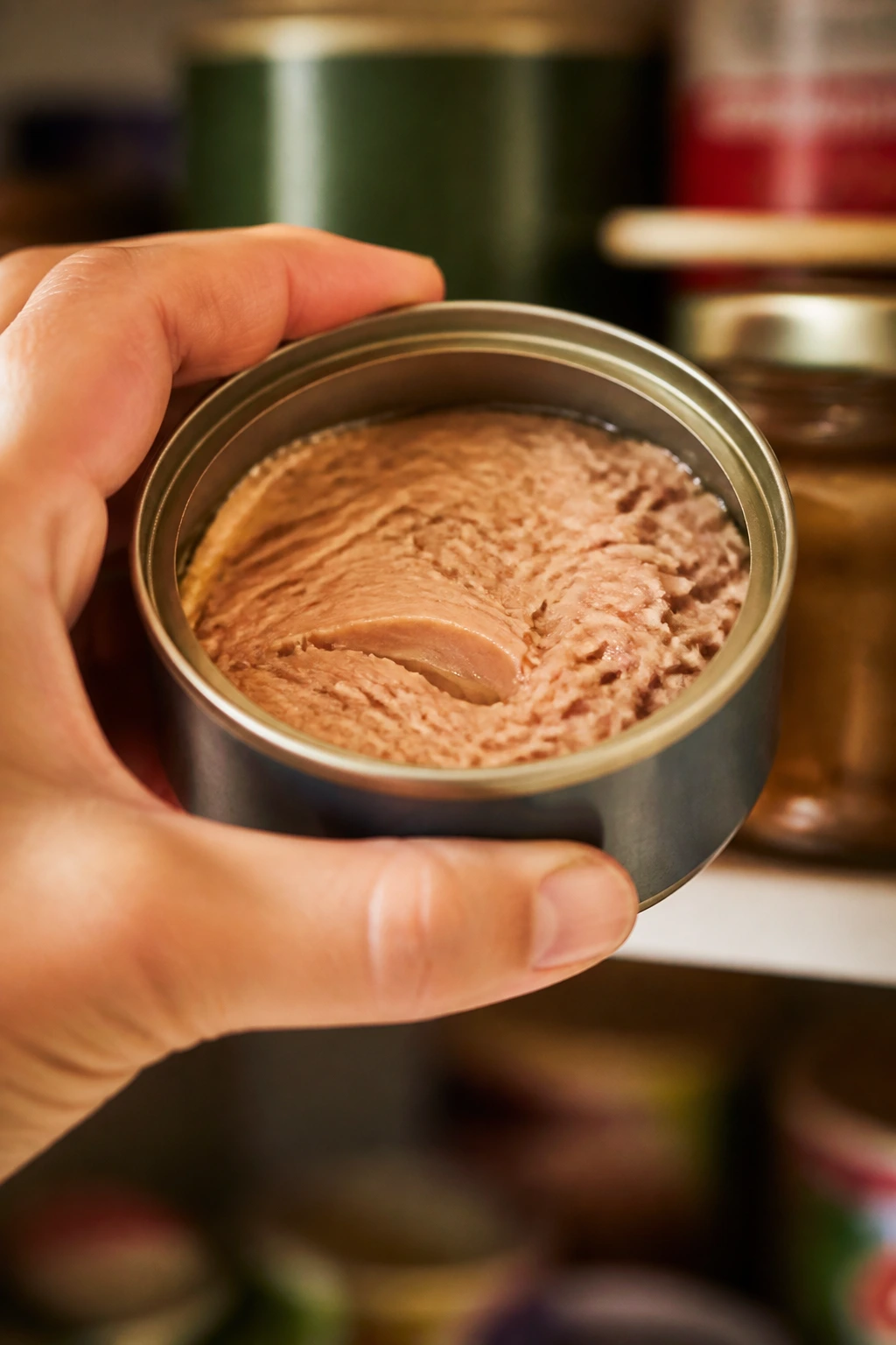 Hand reaching for a tuna can in pantry