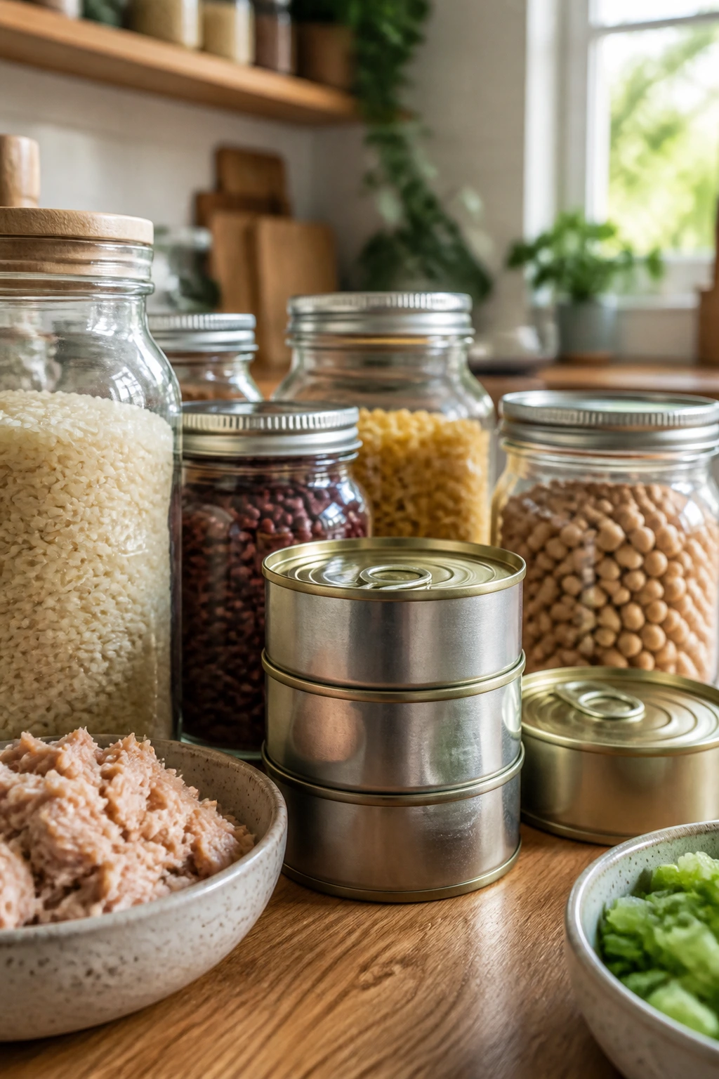 Pantry lineup with tuna and staples for meal prep in a bright kitchen