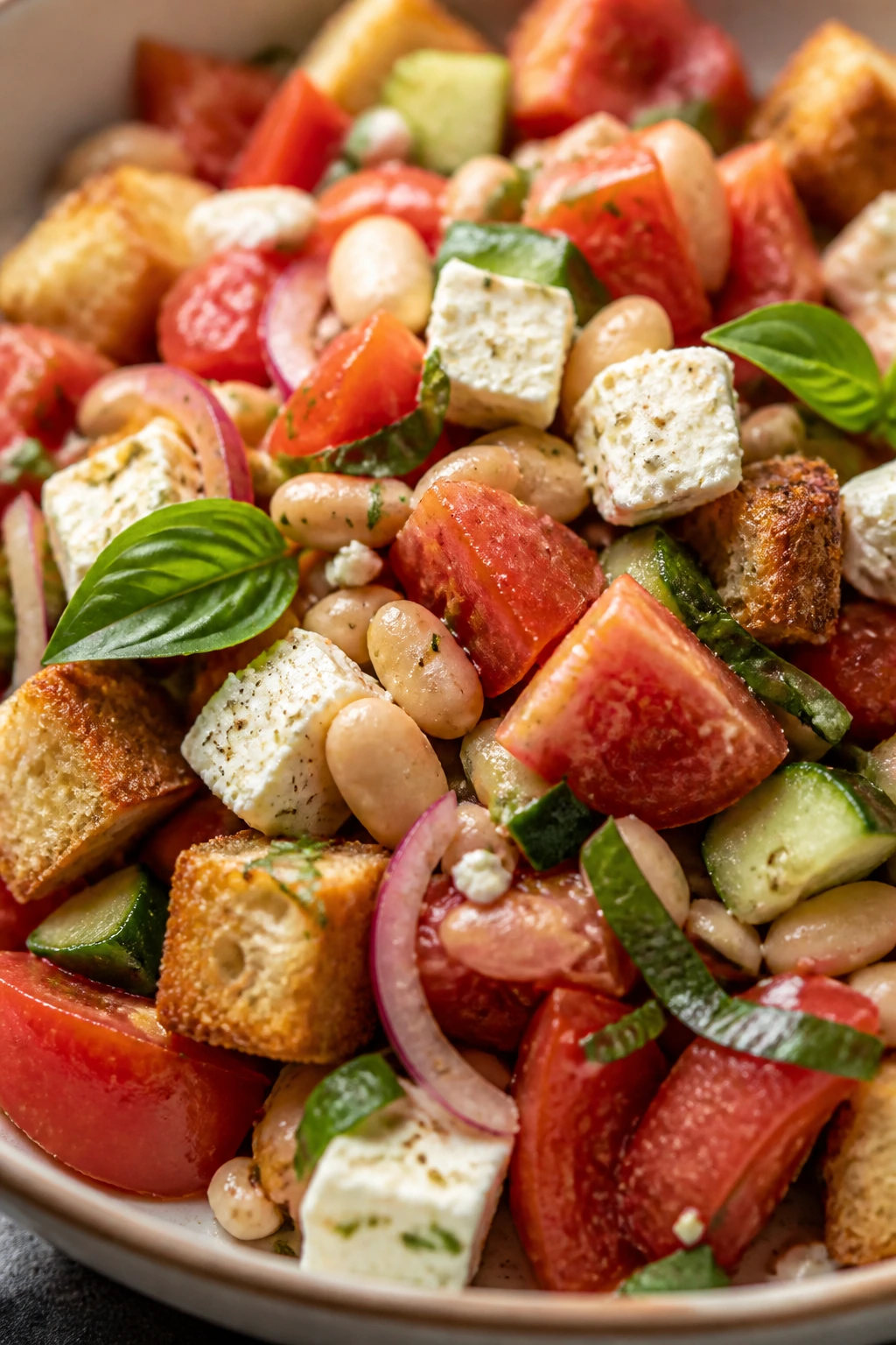 Close-up of tomato panzanella with white beans and feta on a plate.