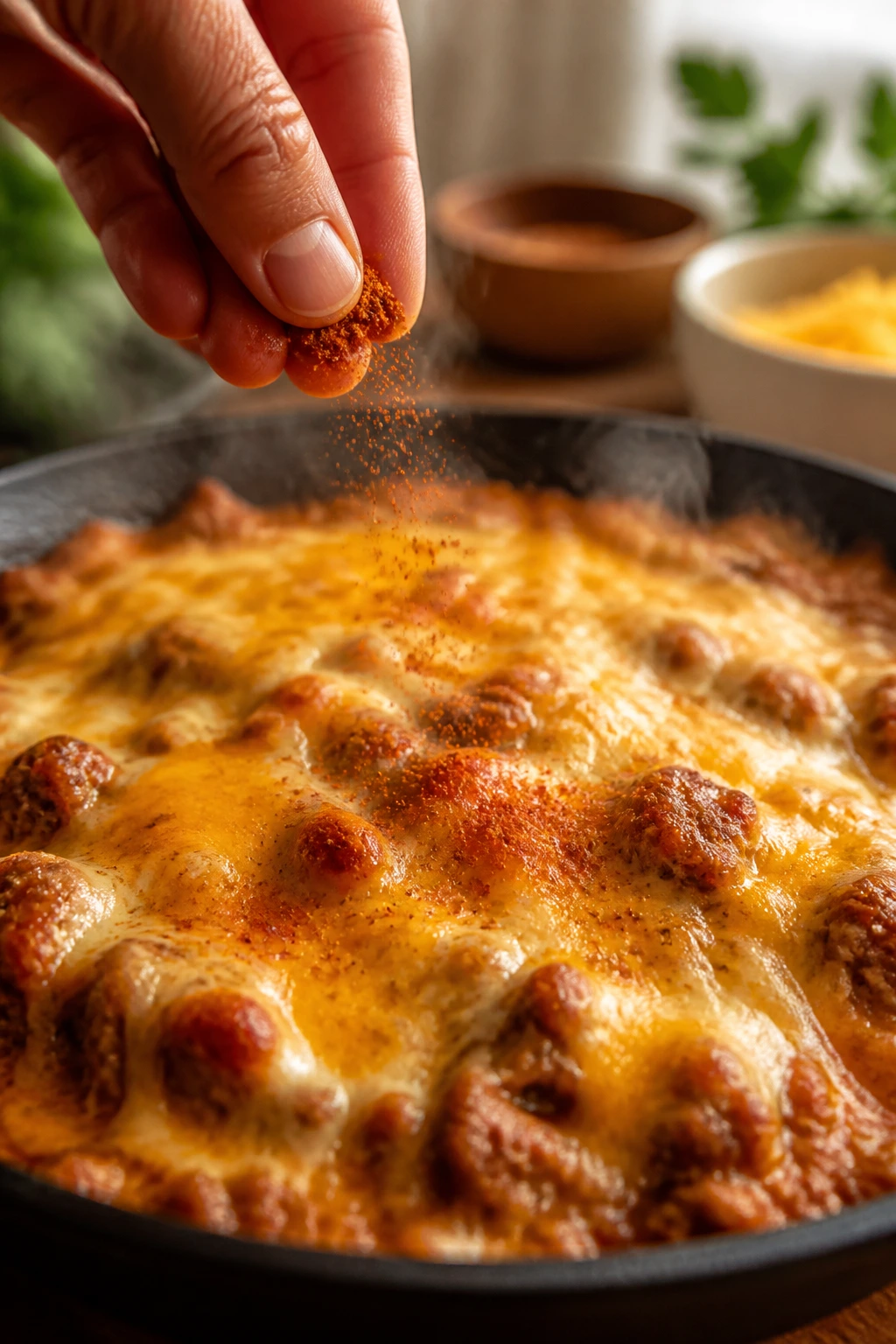 Hand sprinkling paprika over a beef casserole in a pan