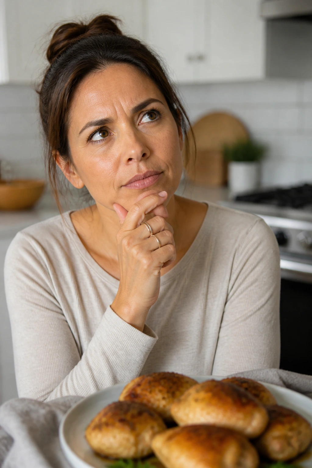 Portrait of a real parent in a bright kitchen with a thoughtful expression
