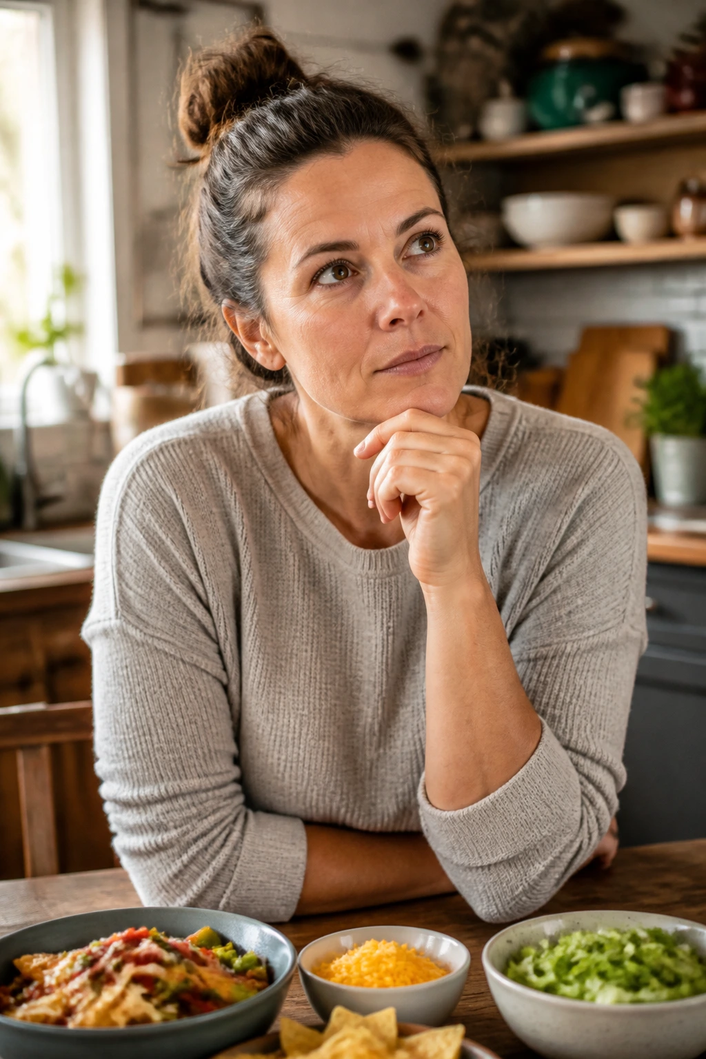 Close-up of a thoughtful parent at a dining table considering Tex-Mex dinner questions