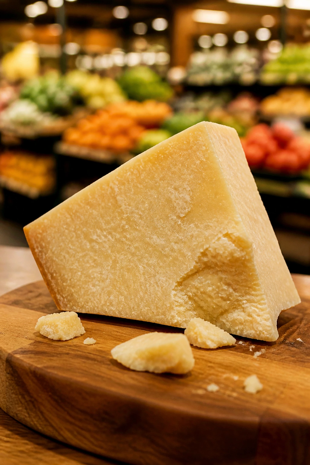 Parmesan cheese wedge on cutting board in grocery store setting.