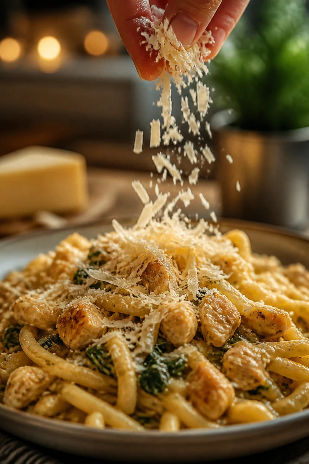 Parmesan cheese shavings on pasta in a warm kitchen