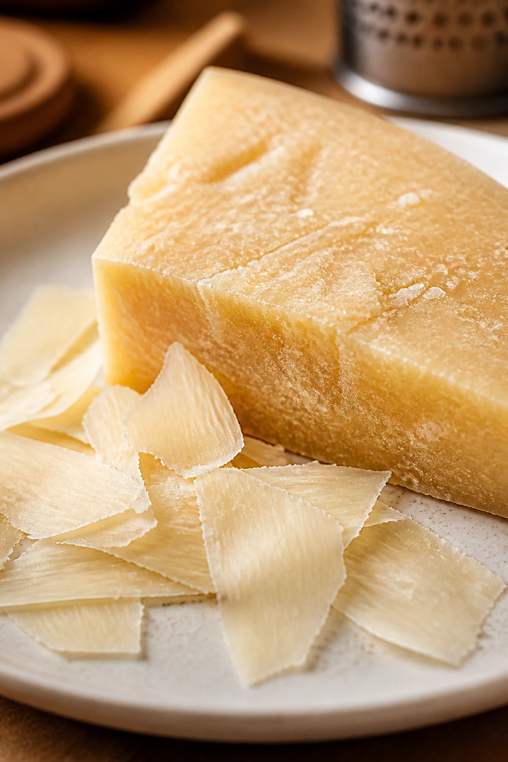 Parmesan cheese shavings on a plate