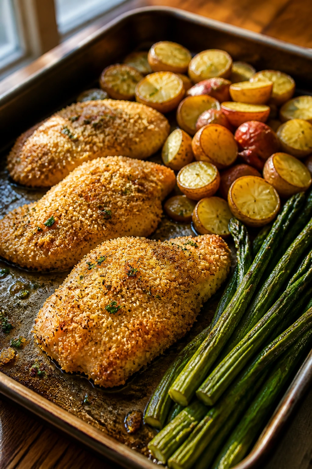 Close-up of Parmesan Chicken with Asparagus and Baby Potatoes on a sheet-pan roast in a warm kitchen.