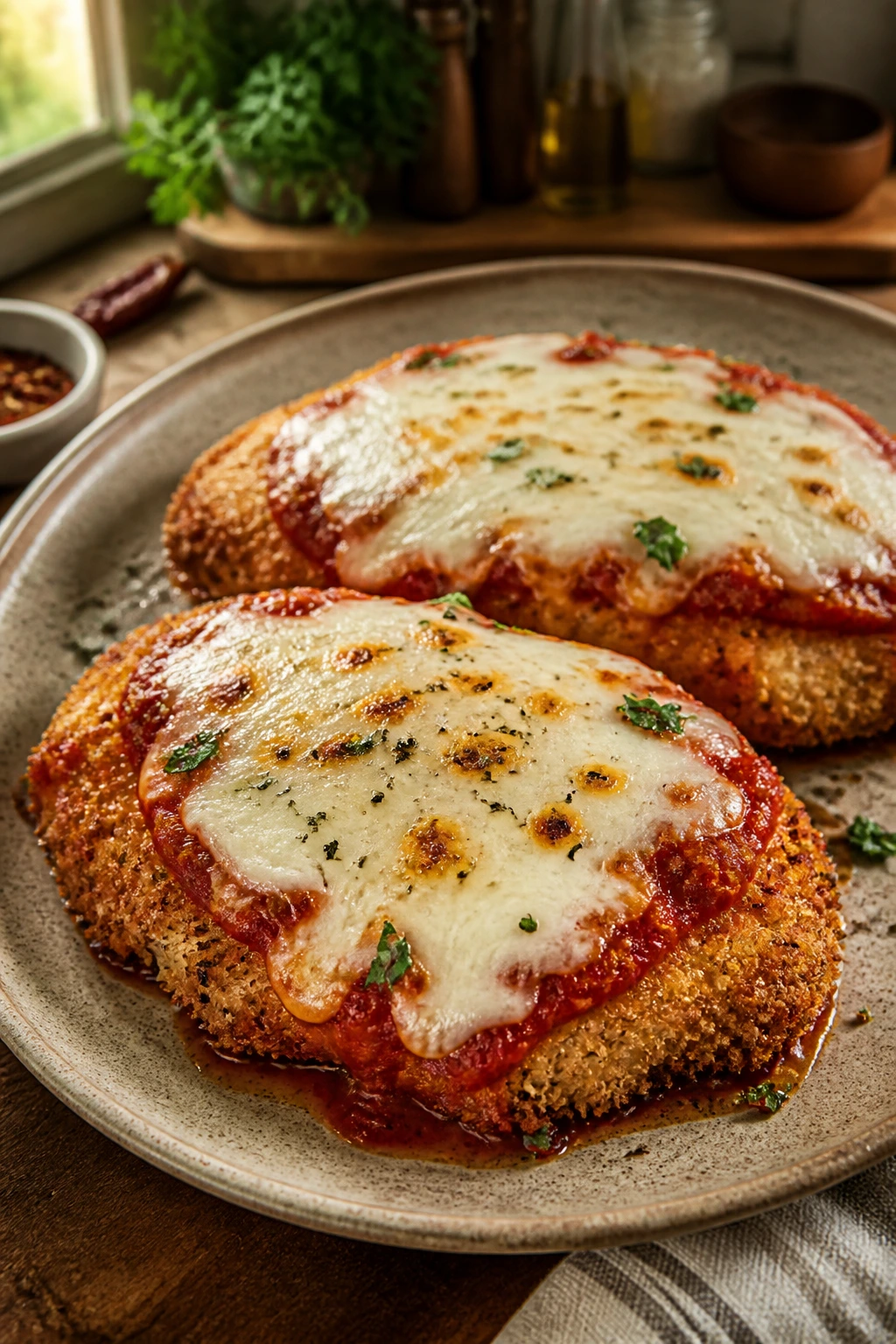 Close-up of crispy air fryer chicken parmesan cutlets with melted mozzarella and marinara on a plate
