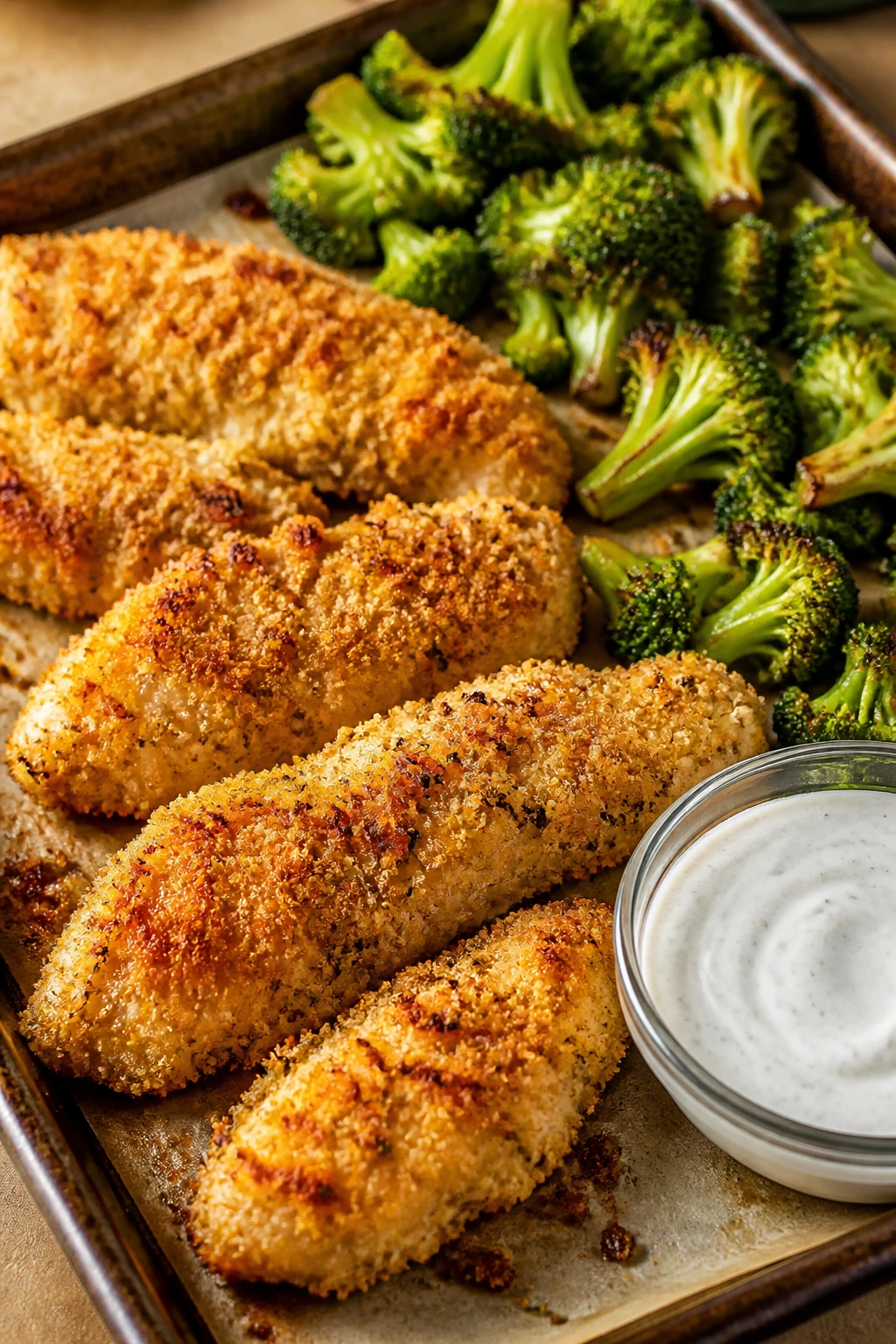 Parmesan crusted chicken tenders with broccoli on a sheet pan