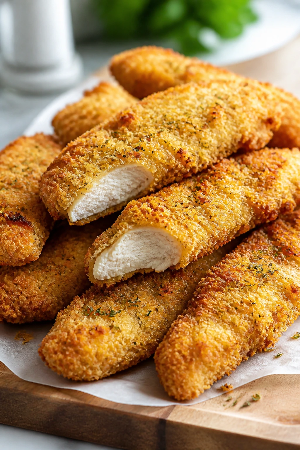 Crispy parmesan chicken tenders on a plate with a golden crust