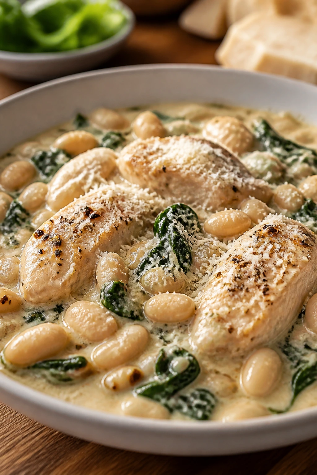Creamy parmesan chicken with white beans and spinach in a bowl