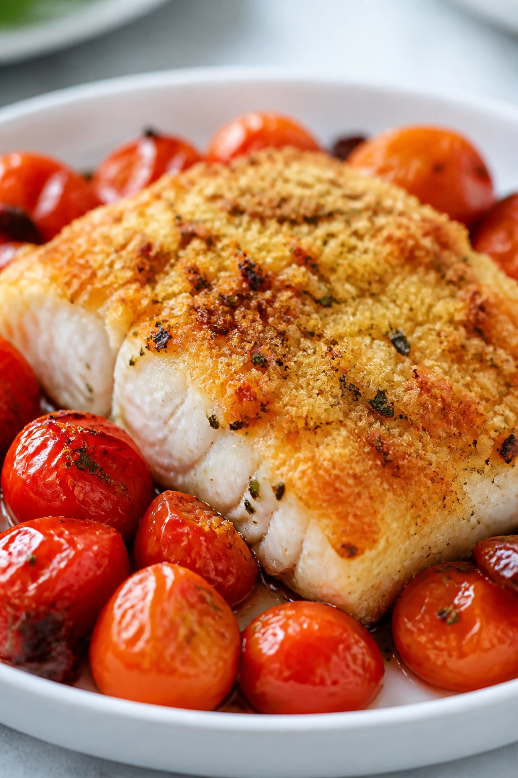 Parmesan crusted cod with blistered cherry tomatoes on a plate.