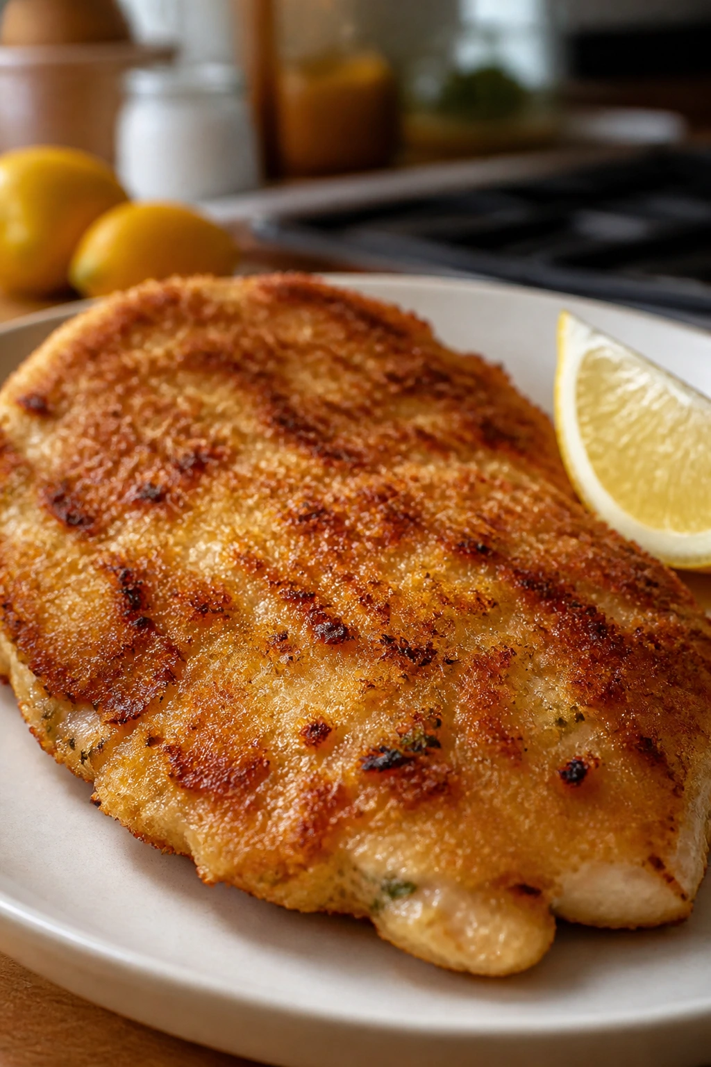 Parmesan crusted chicken cutlet on plate