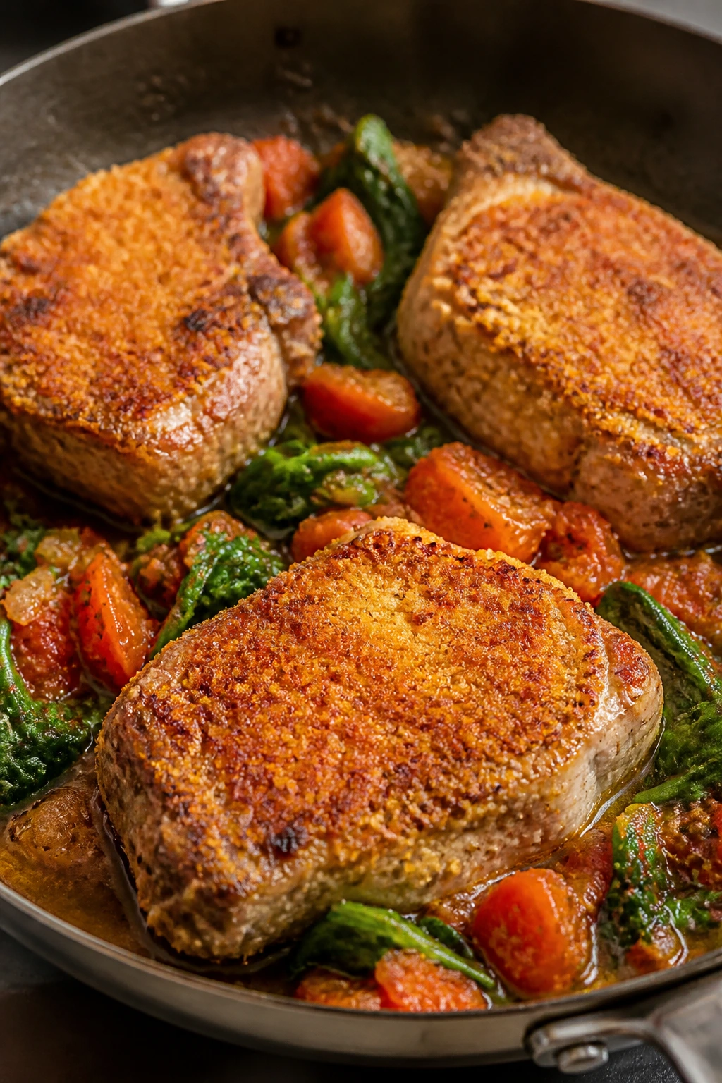 Parmesan-crusted pork chop with tomatoes and spinach