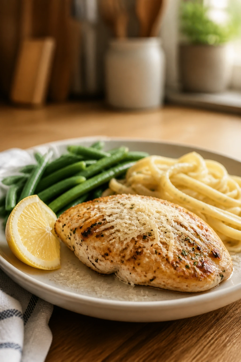 Plate with mild dish and lemon and parmesan finishers in warm kitchen setting