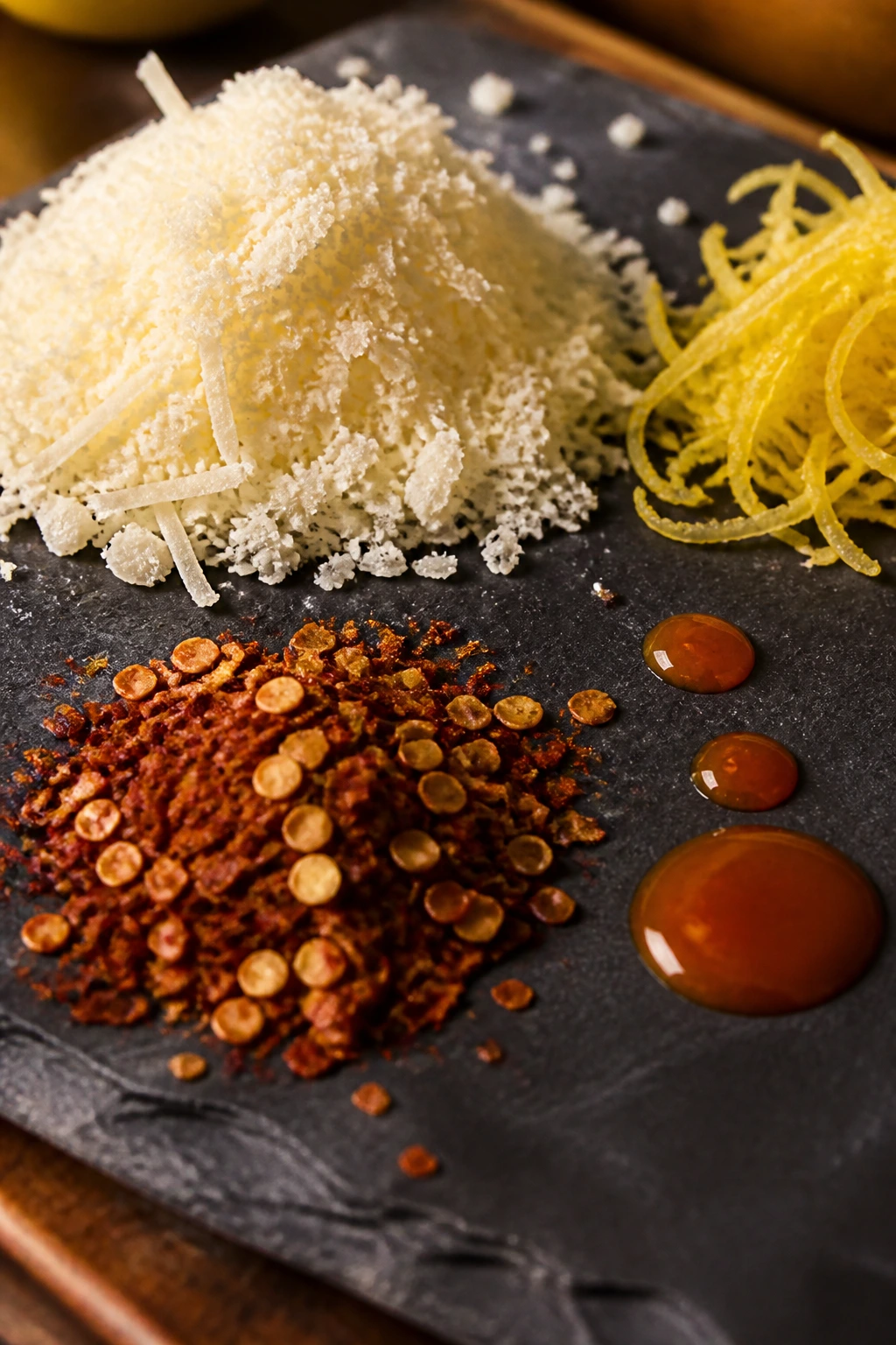 Garnishes such as parmesan, lemon zest, and chili flakes arranged on a board.