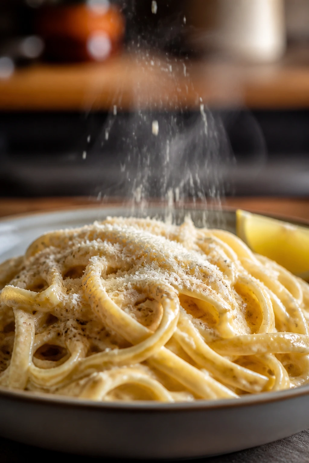 Pasta with parmesan finish, warm kitchen setting.
