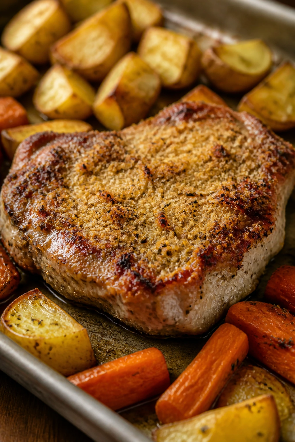 Close-up of parmesan-crusted pork chop with roasted carrots and potatoes on a sheet pan