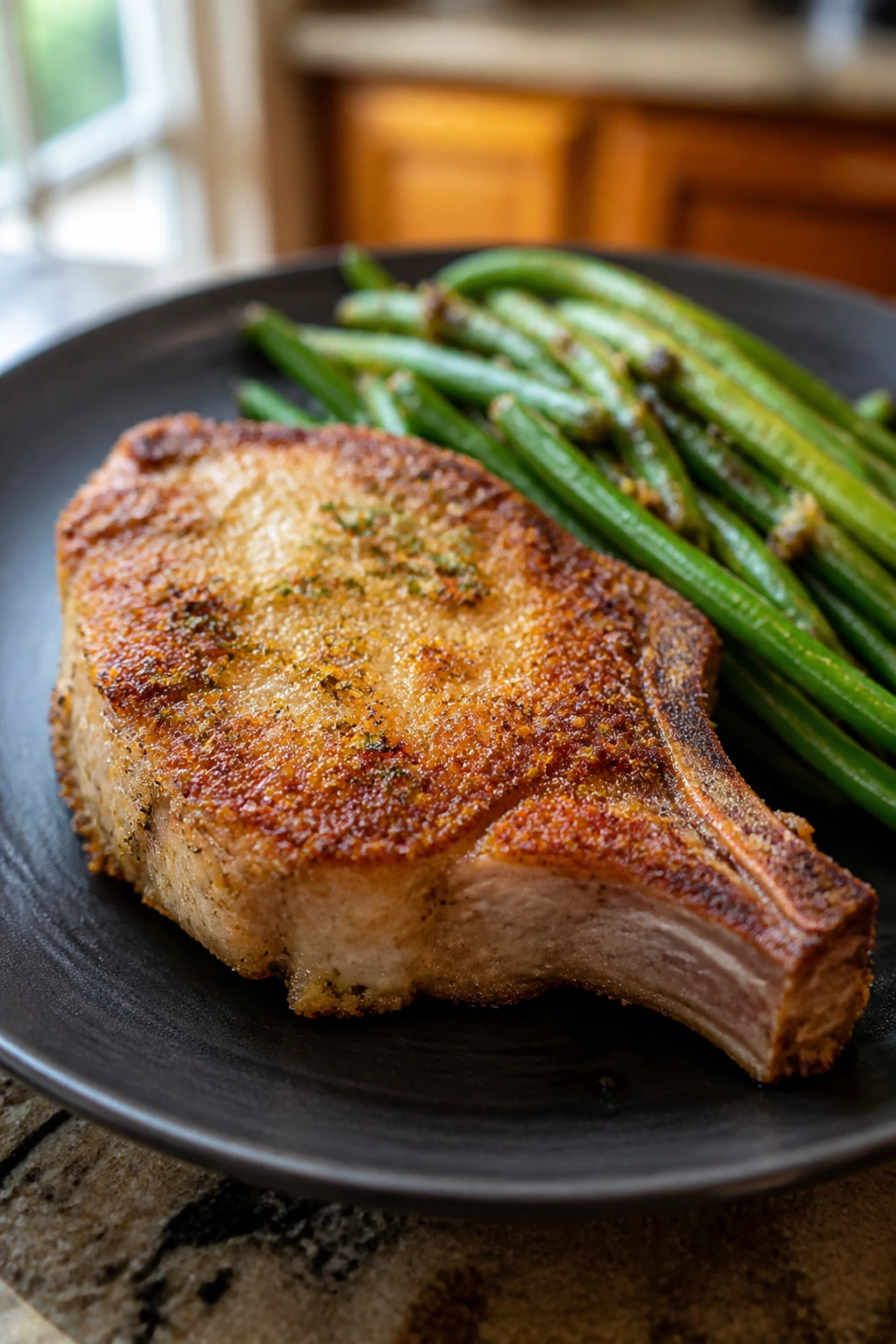 Close-up of parmesan-crusted pork chop with roasted green beans on a plate