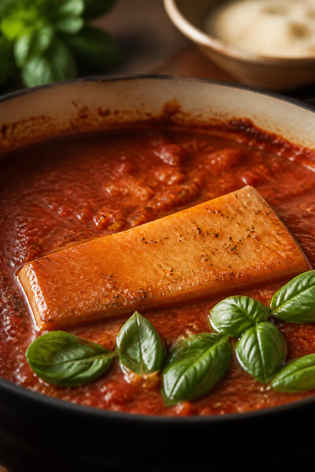 Parmesan rind in tomato sauce as a flavor booster
