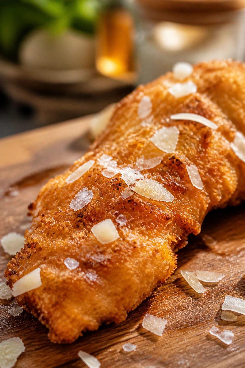 Chicken tender with flaky salt and Parmesan on crust