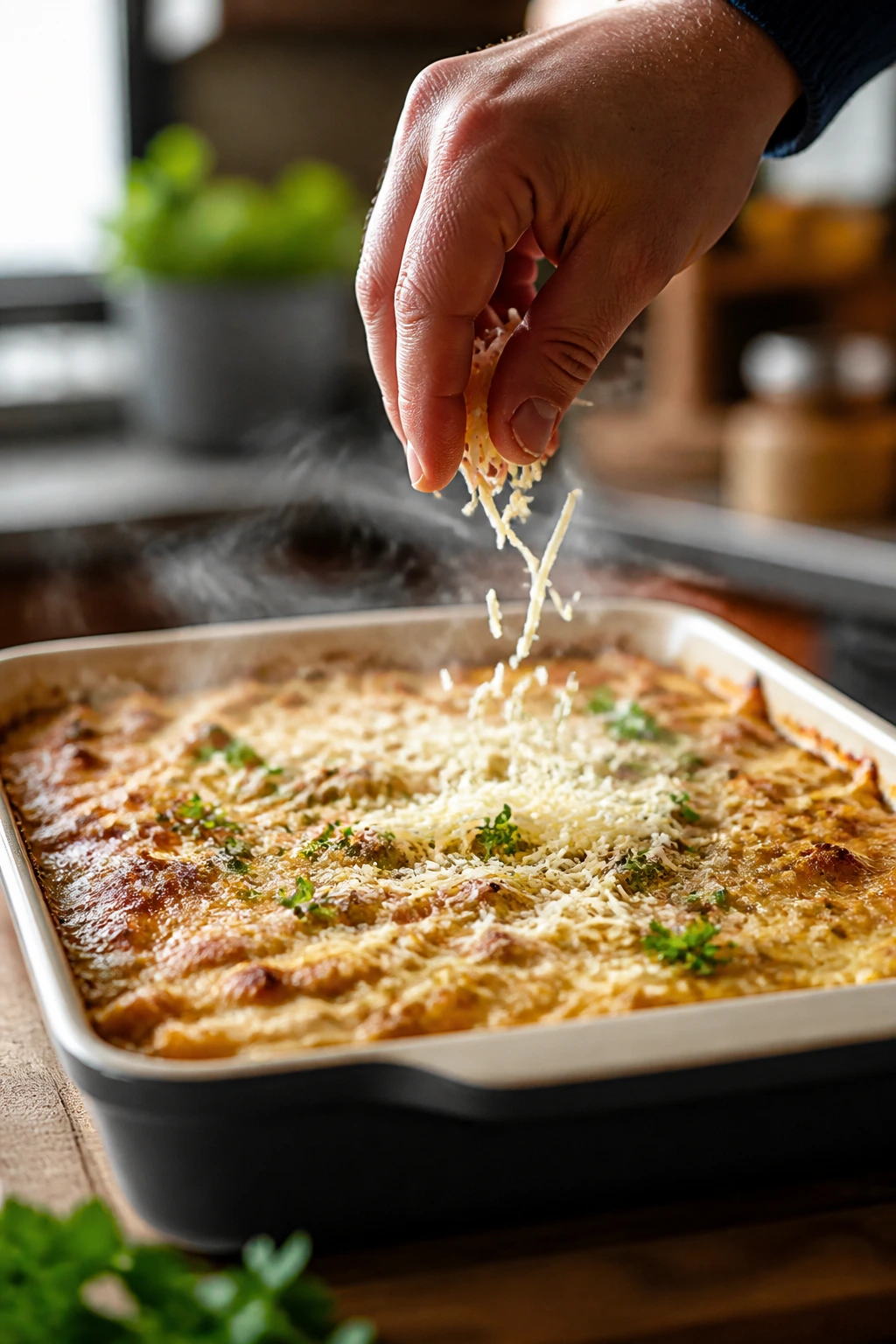 Hand sprinkling fresh Parmesan over casserole for flavor boost