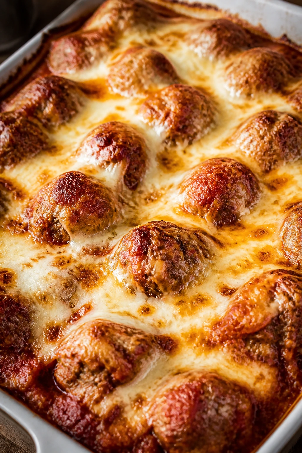 Close-up bubbling meatball parmigiana bake with melted cheese