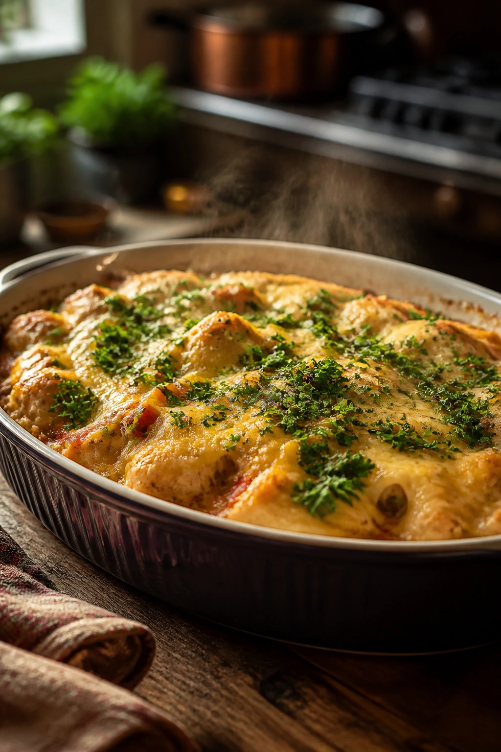 Fresh parsley sprinkled over a steaming casserole