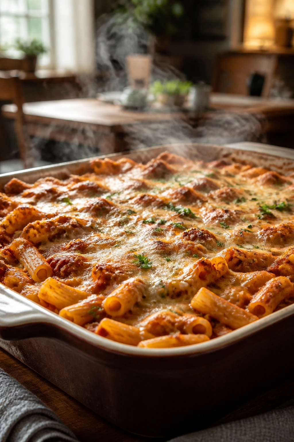Large pasta bake in a casserole dish steaming in a warm kitchen