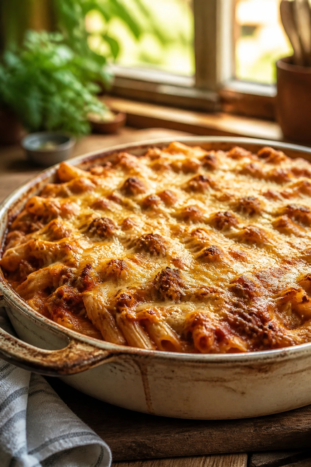 Close-up of bubbling pasta bake in a rustic casserole on a wooden counter