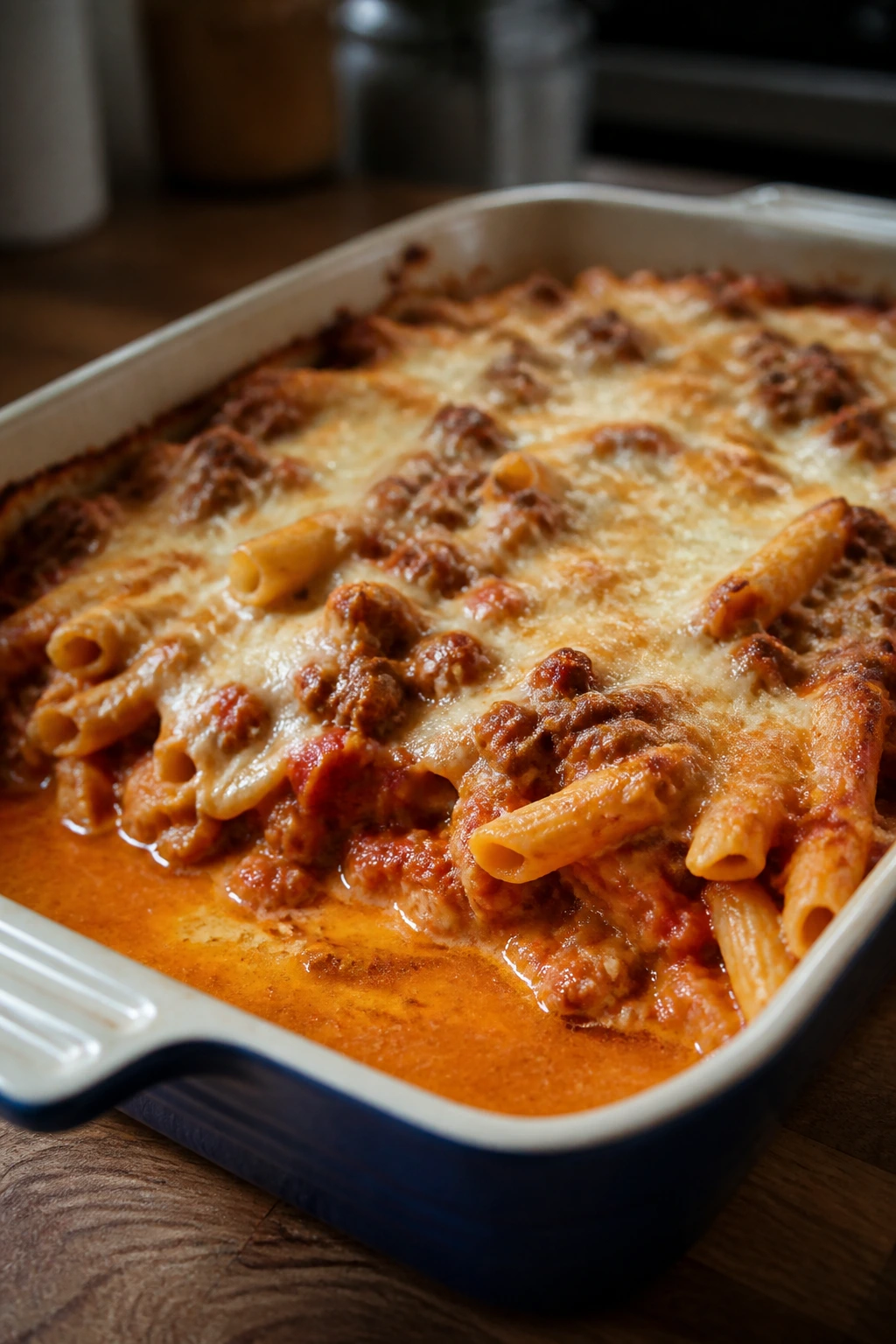 Pasta bake showing a thin sauce in a baking dish