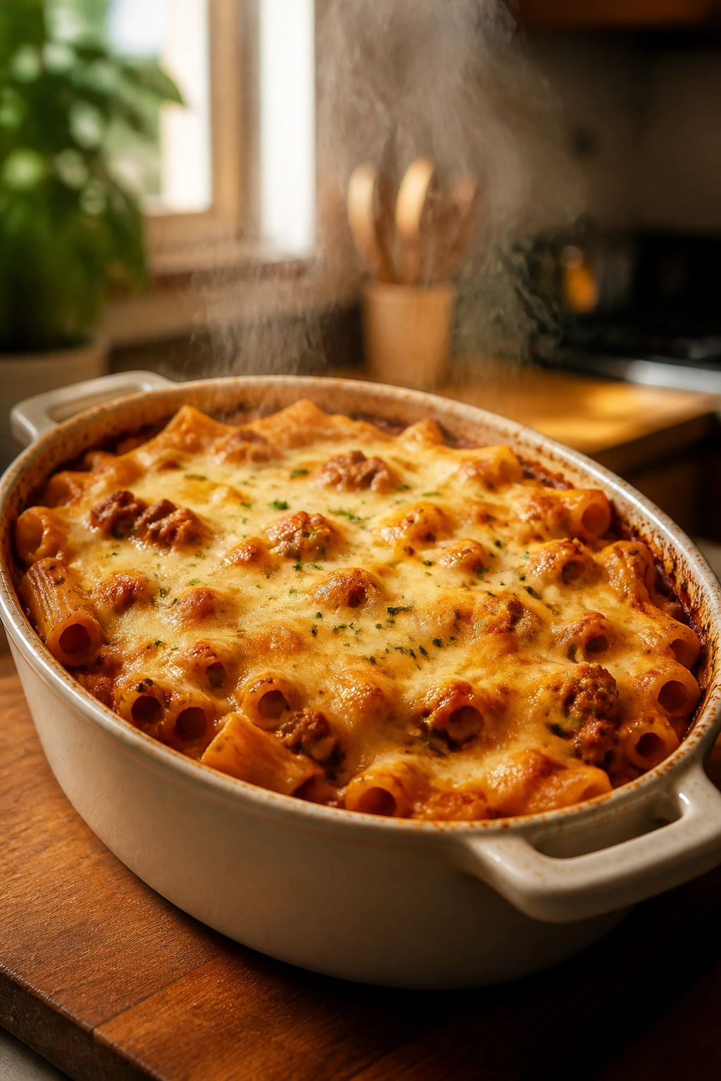 Steaming pasta bake in a round dish on a kitchen island