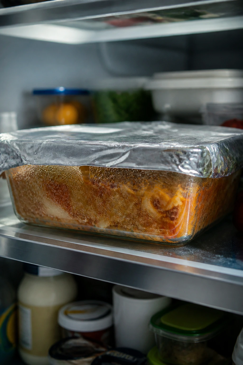 Close-up of a glass pasta bake dish in the fridge for make-ahead storage