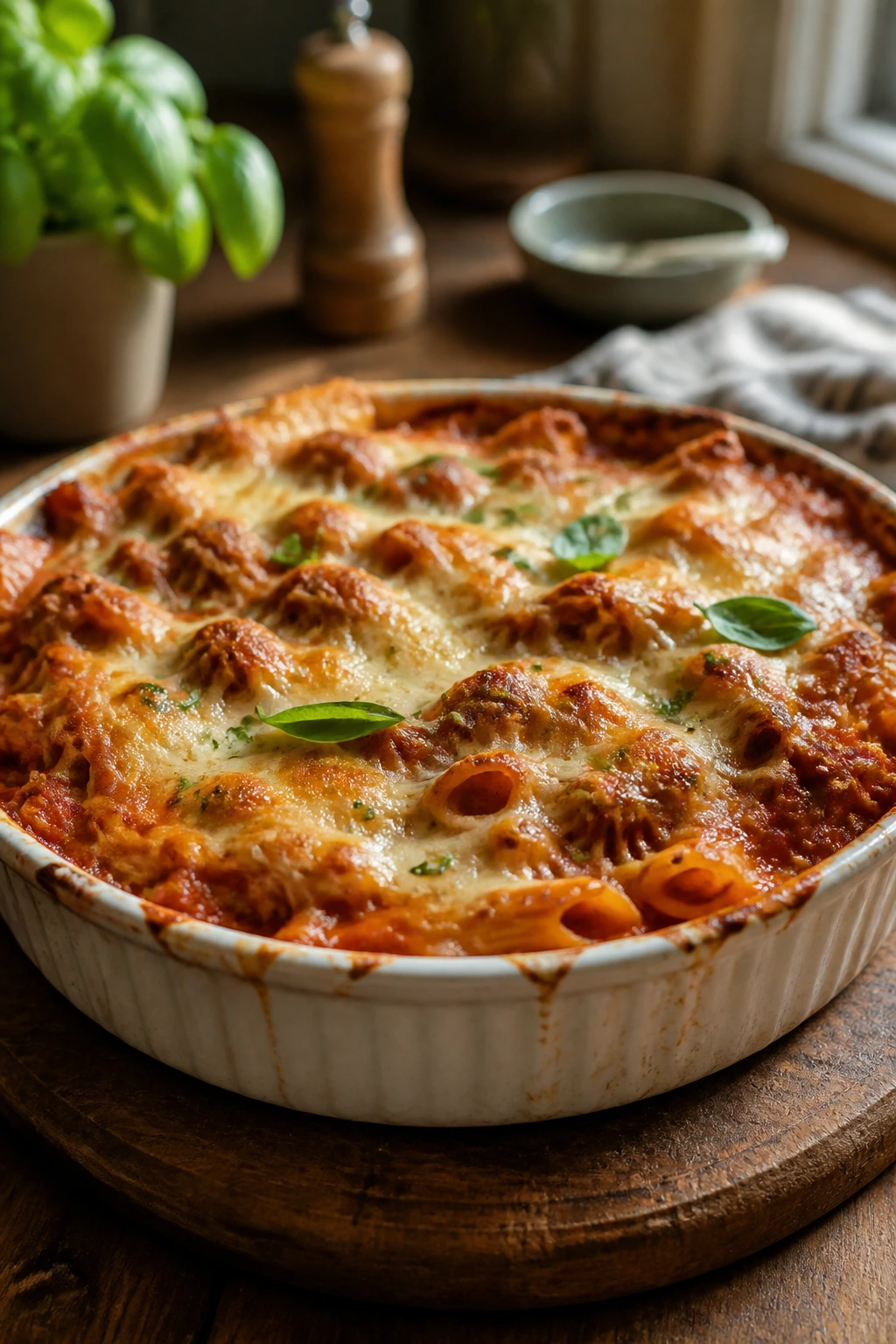 Medium close-up of a bubbling pasta bake in a ceramic dish