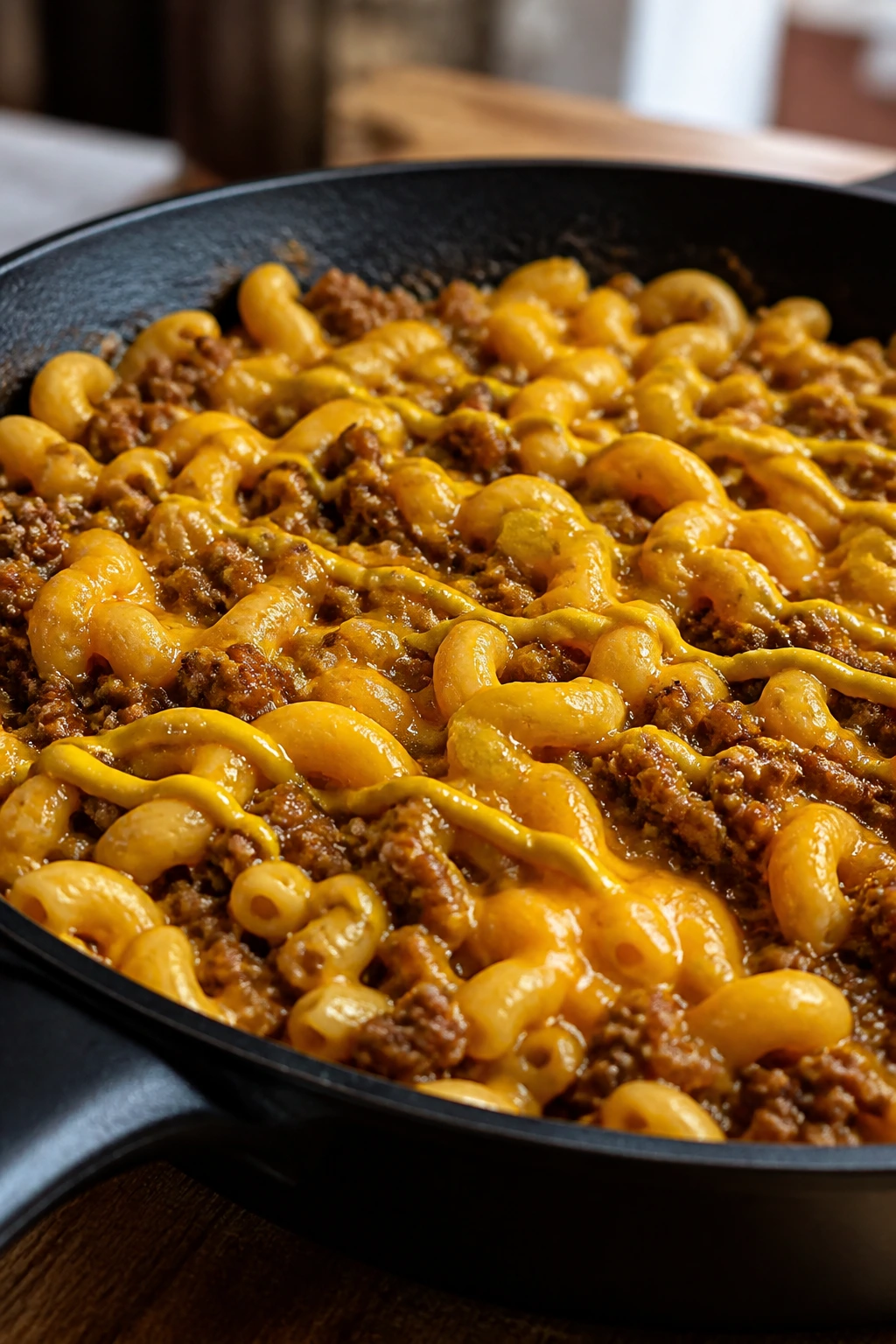 Close-up of cheeseburger pasta skillet with beefy sauce and melted cheddar.