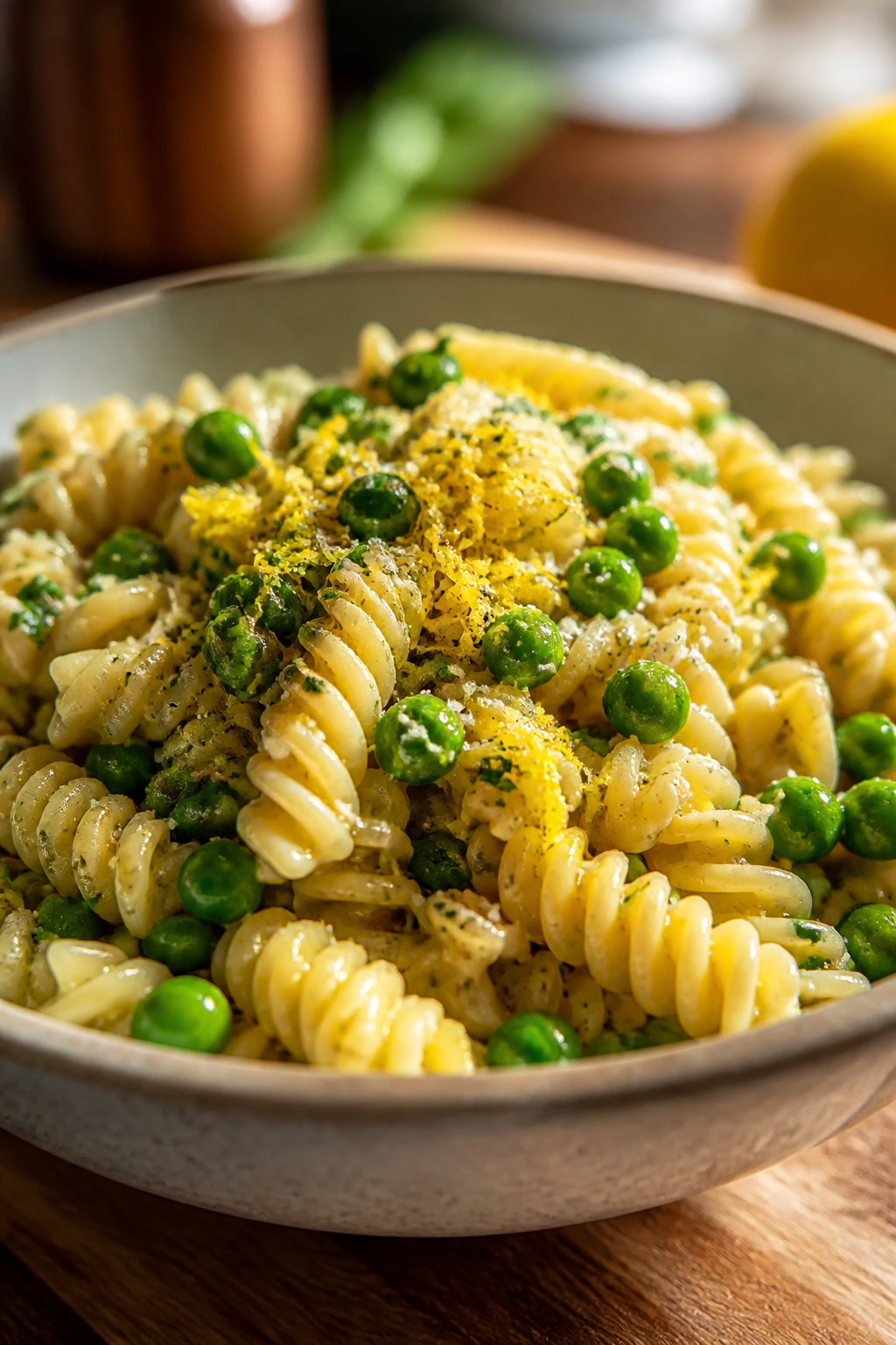 Close-up of a pasta bowl with lemon zest and peas in a warm kitchen setting