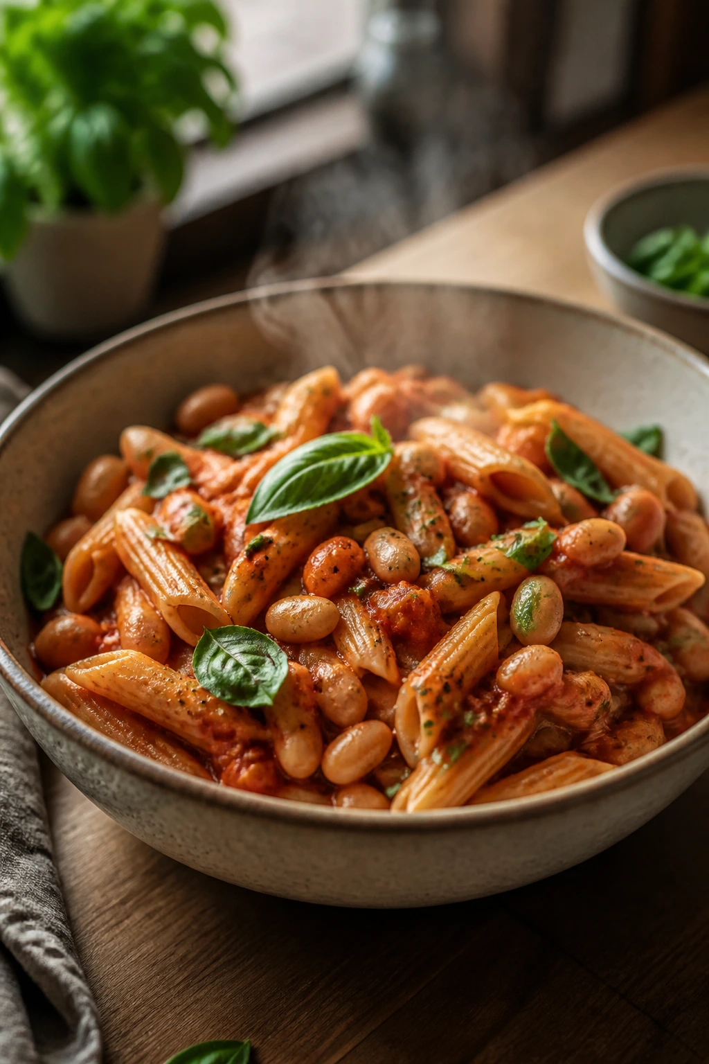 Close-up of One-Pot Tomato Basil Pasta with Cannellini Beans in a bowl