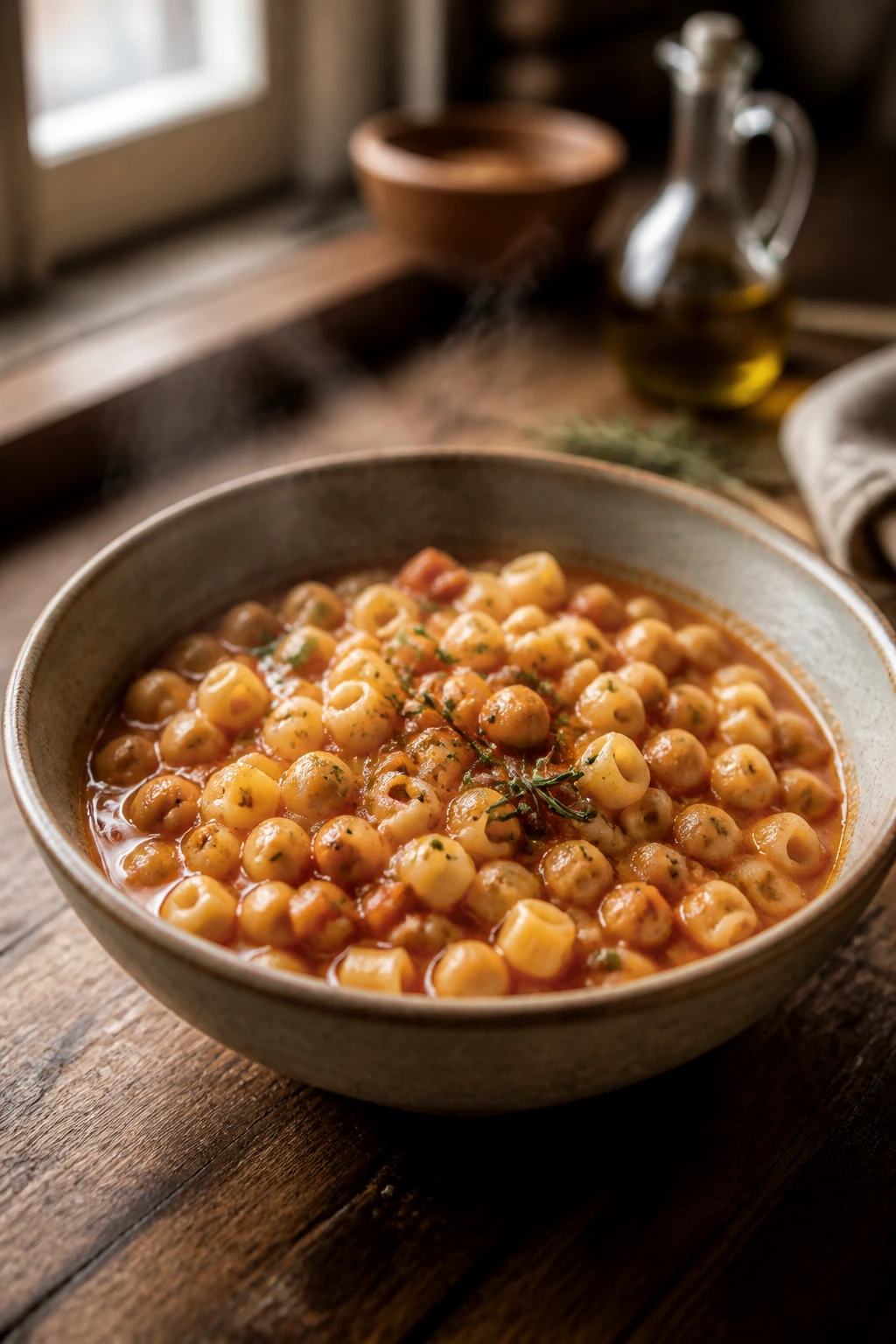 Medium close-up of pasta e ceci in a steaming bowl