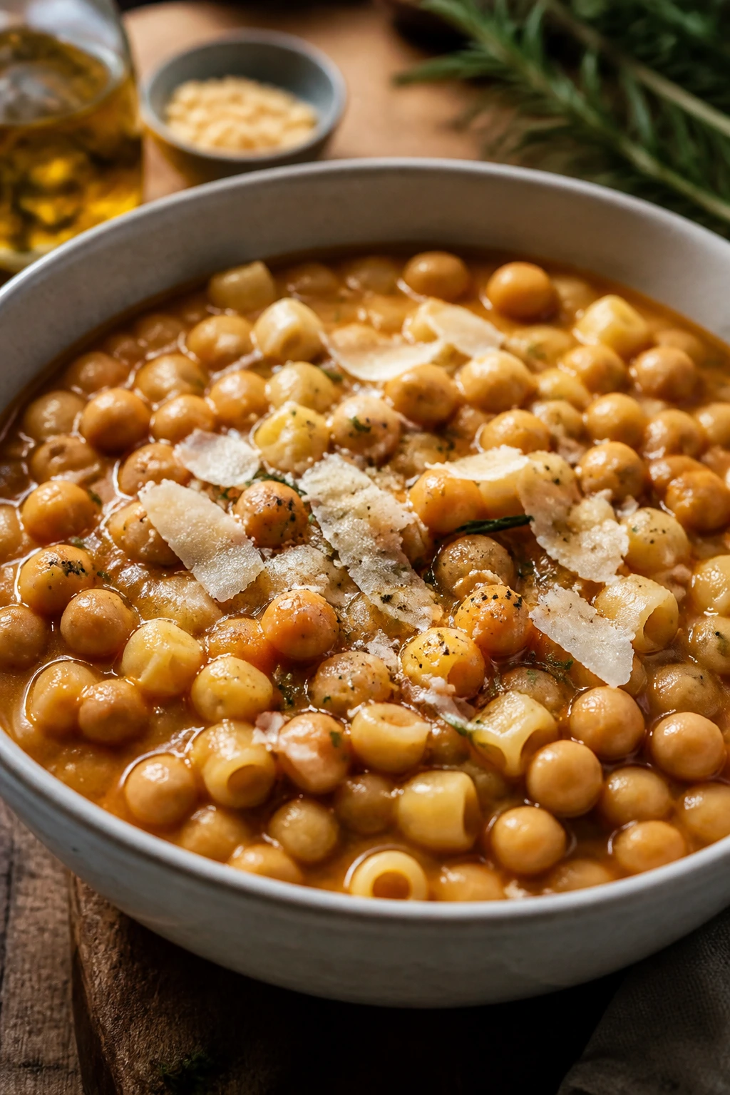 Close-up of pasta e ceci with garlic and parmesan