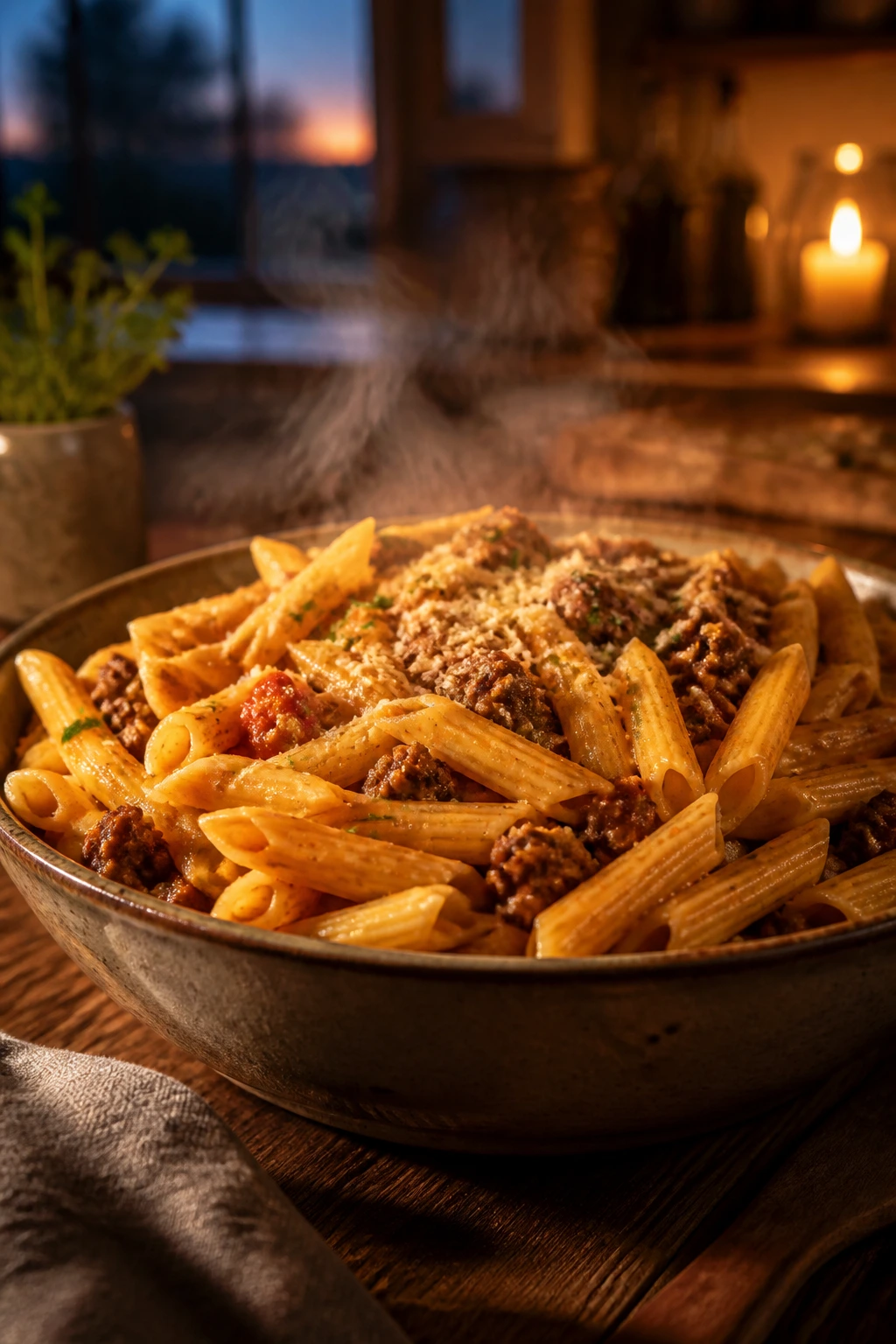Steaming bowl of pasta in a cozy evening kitchen