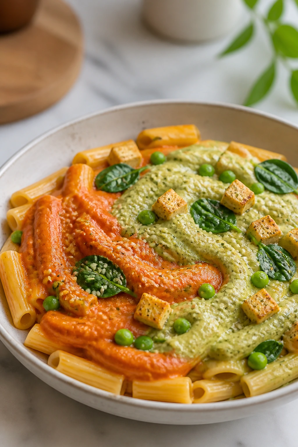 Close-up of a pasta dish with varied sauces representing adaptations for dietary needs