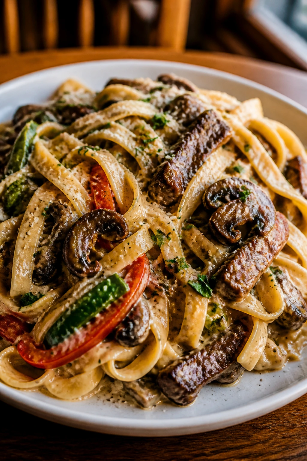 Close-up of a generous pasta plate on a wooden dining table