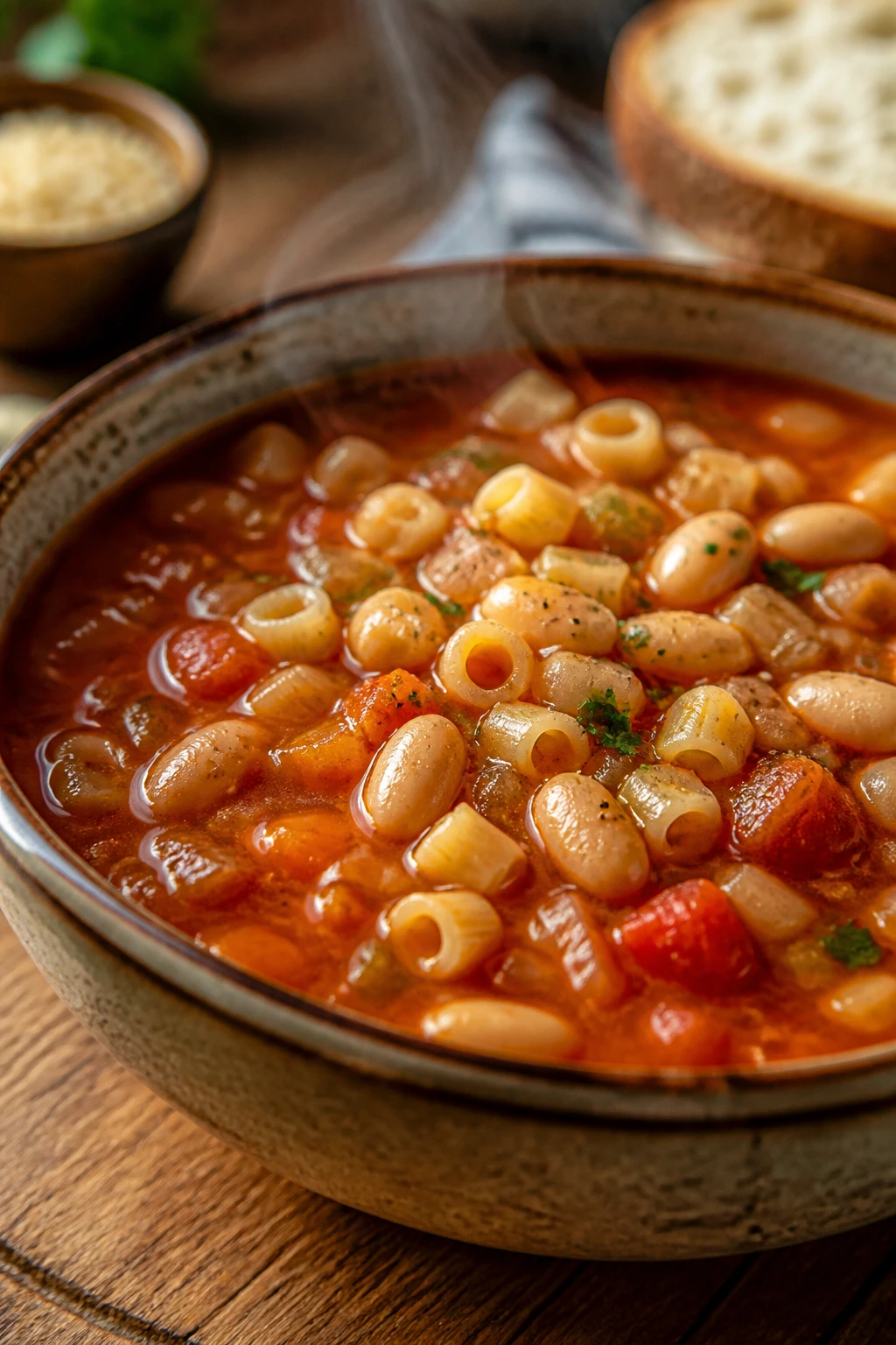 Close-up of Pasta e Fagioli with Cannellini Beans in a rustic bowl.