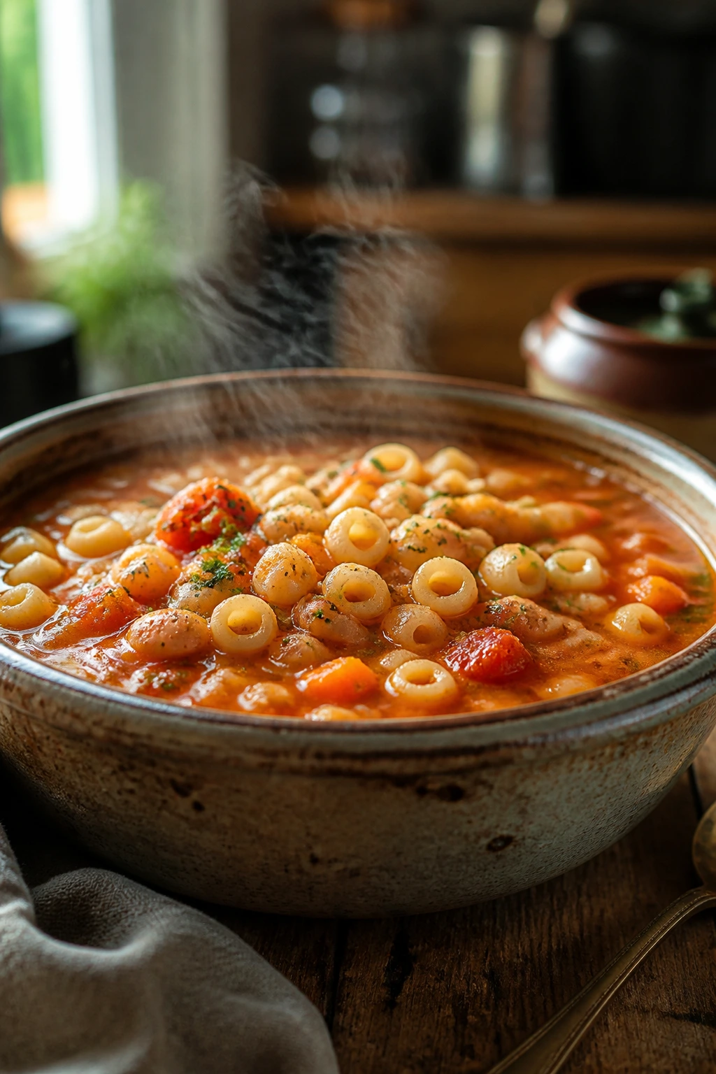 Rustic bowl of pasta e fagioli soup steaming