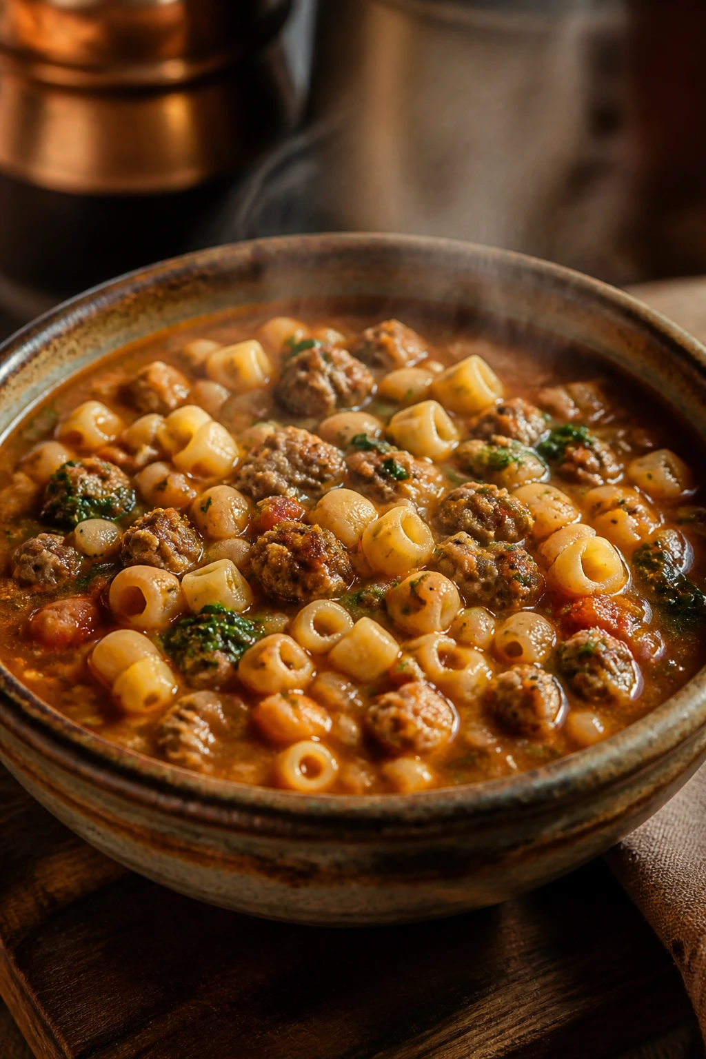 Close-up of steaming Pasta e Fagioli with Italian sausage in a rustic bowl