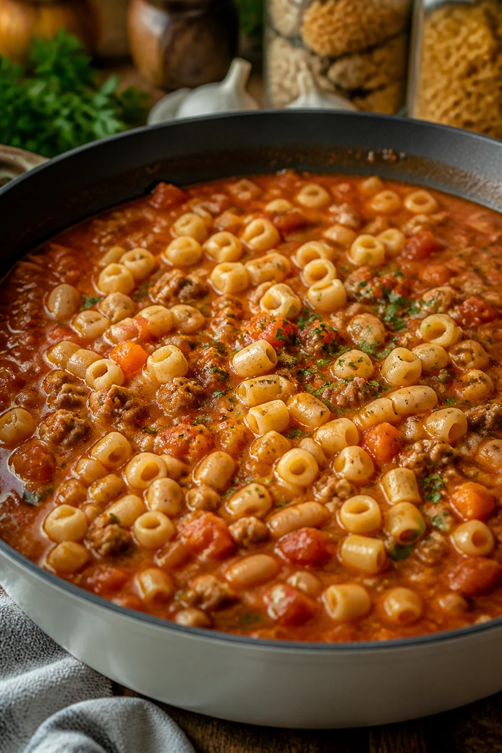 Skillet of pasta e fagioli with beans and tomatoes