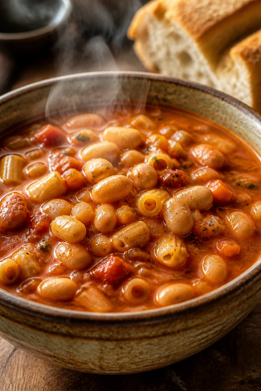 Thick pasta e fagioli soup with beans and pasta in a rustic bowl