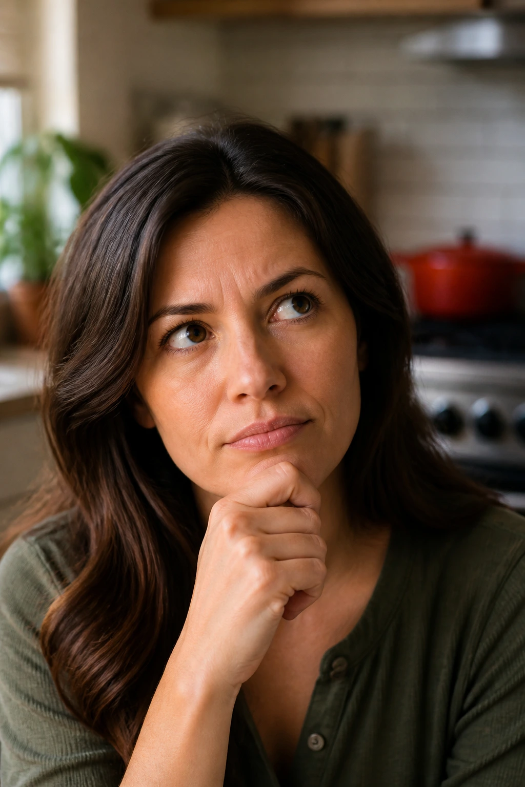 Portrait of a real person in a kitchen, thoughtful expression