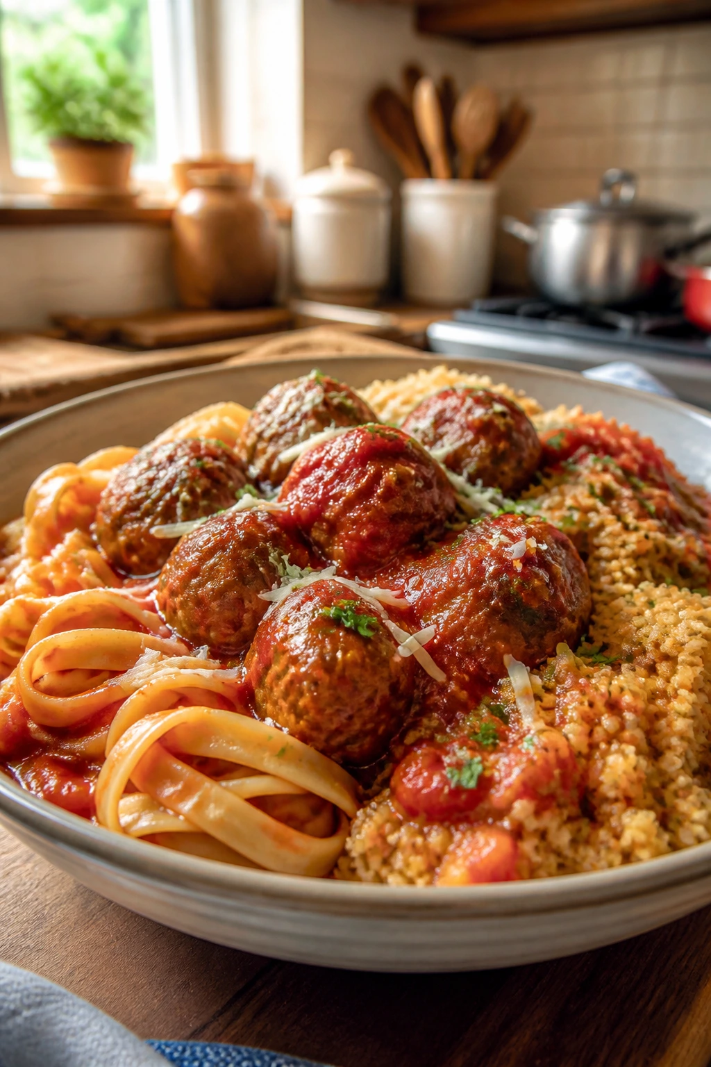 Close-up of a meatball dish with pasta on one side and grains on the other.