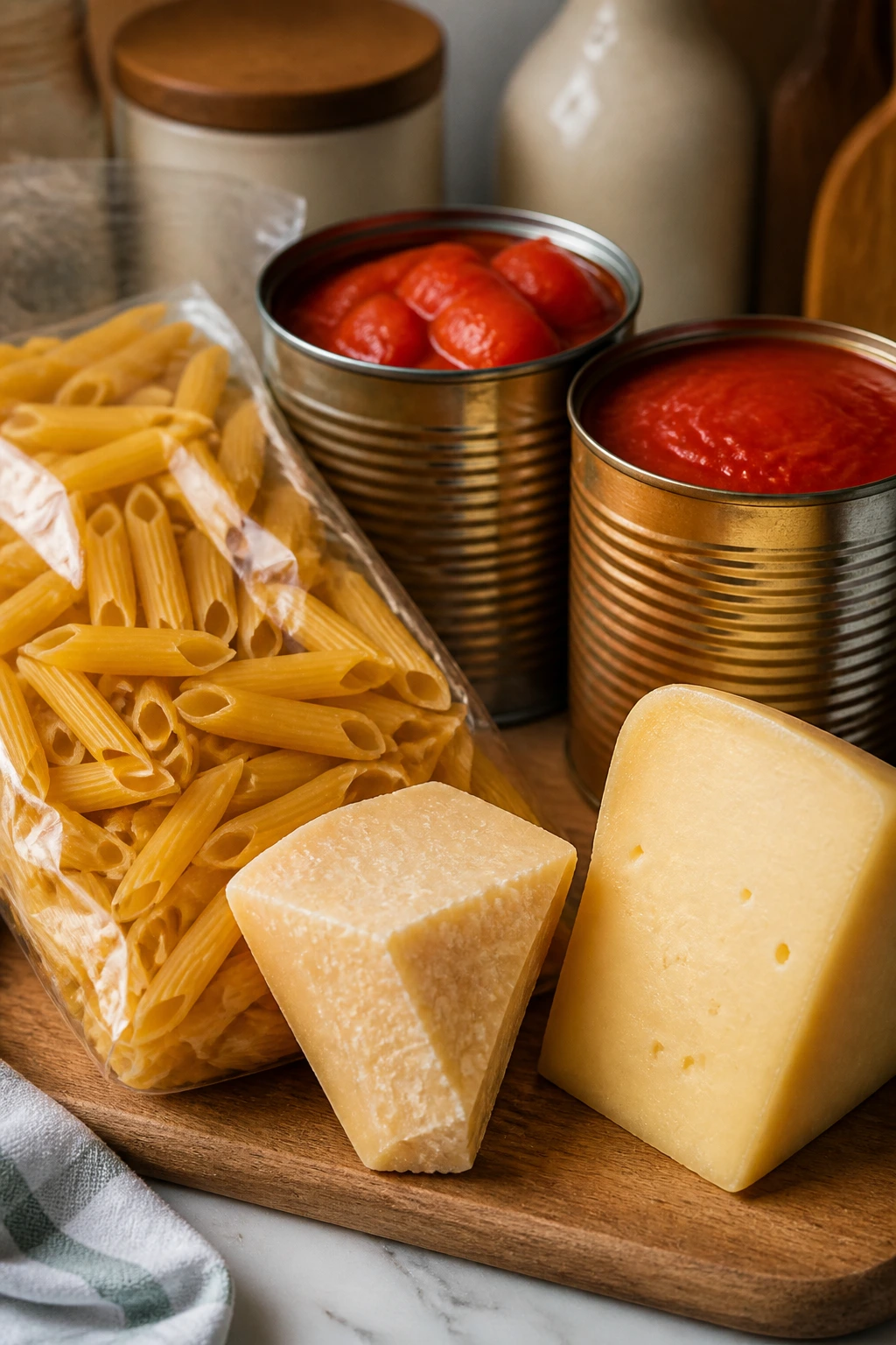 Assorted staple pasta ingredients on a kitchen counter